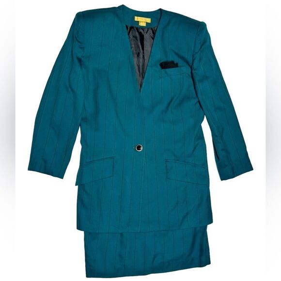 Vintage Robinsons Blue Skirt Set Skirt Suit Matching Blazer One Button Shoulder - Picture 1 of 16